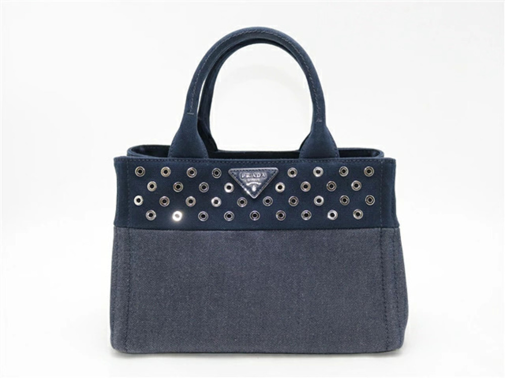 Prada Canapa Handbag Studded Denim Canvas Navy Blue